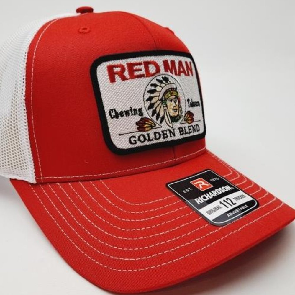 Richardson 112 Red Man Embroidered Patch Mesh Snapback Hat Cap Red White Tobacco